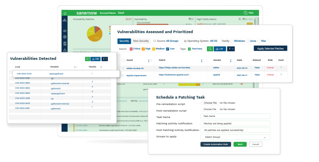 SanerNow Advanced Vulnerability Management Dashboard- Vulnerabilities Detected, Assessed and Prioritized, Scheduling a Patching Task